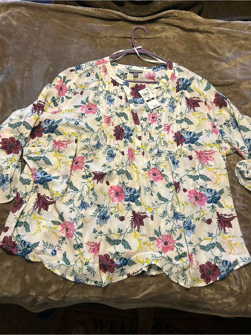 Style & Co. White Floral Pintuck Blouse with Pink, Blue & Yellow Accents